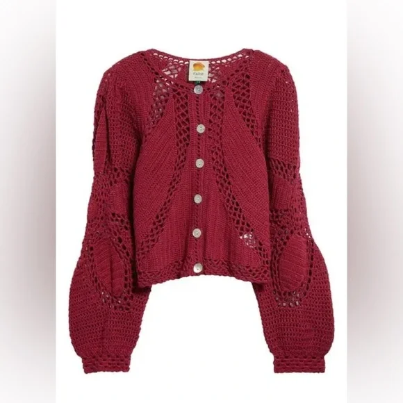 New! FARM Rio Flower Crochet Knit Burgundy Rec Cardigan ♥️ Small NWT! - Picture 9 of 12